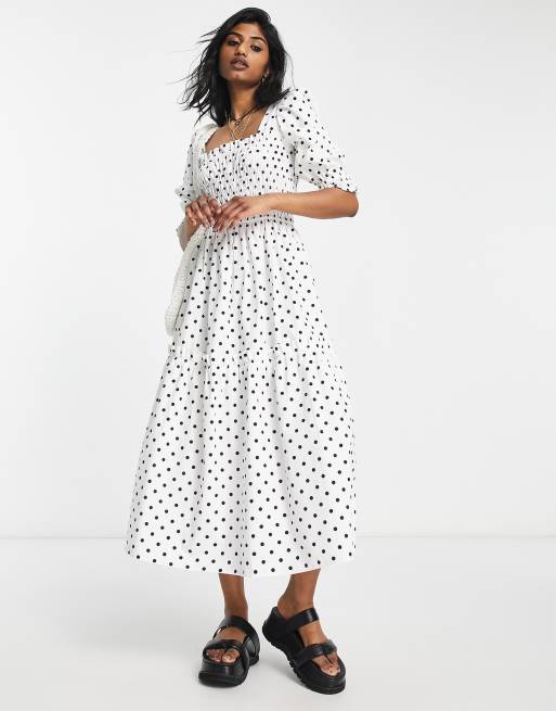 Topshop - Vestito midi a balze in popeline a pois monocromatici, 4 di 4