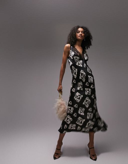 Topshop - Vestito midi a canottiera in raso e pizzo con stampa di rose monocolore