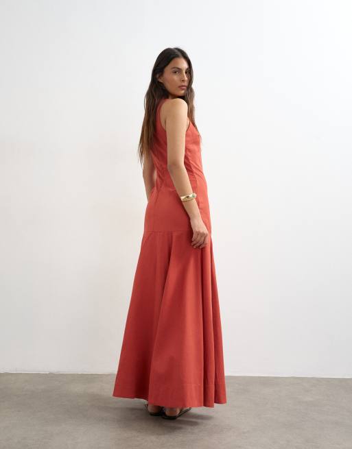 Topshop - Vestito midi a cerchio con vita scesa e fondo ampio bordeaux, 3 di 4
