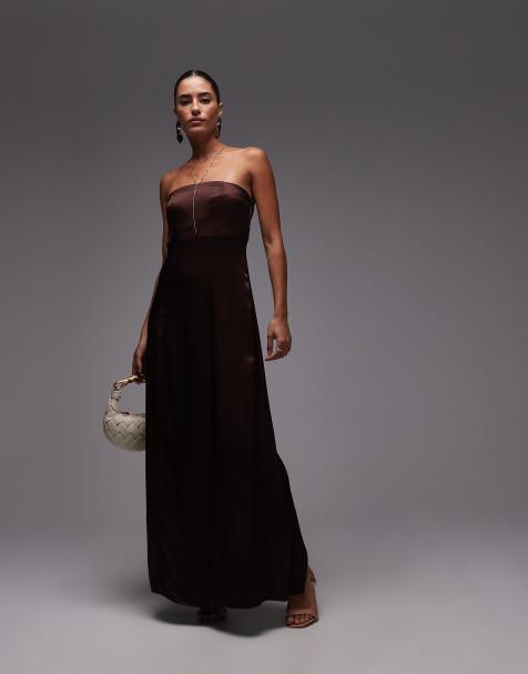 Topshop - Vestito midi a fascia in raso color cioccolato - view 1