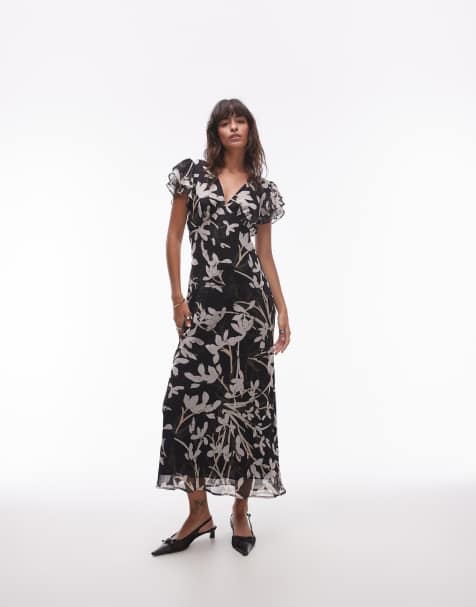 Topshop - Vestito midi a fiori monocromatici con maniche con volant - view 1
