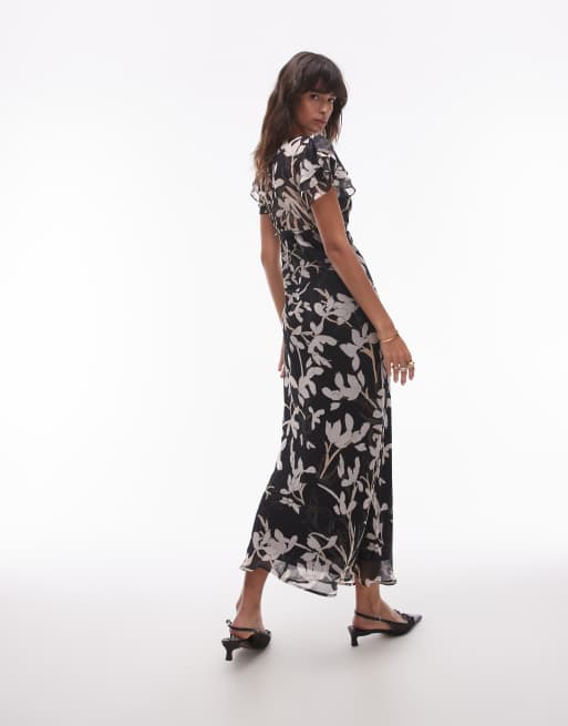 Topshop - Vestito midi a fiori monocromatici con maniche con volant, 3 di 4