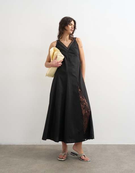 Topshop - Vestito midi a godet in popeline e pizzo nero - view 1