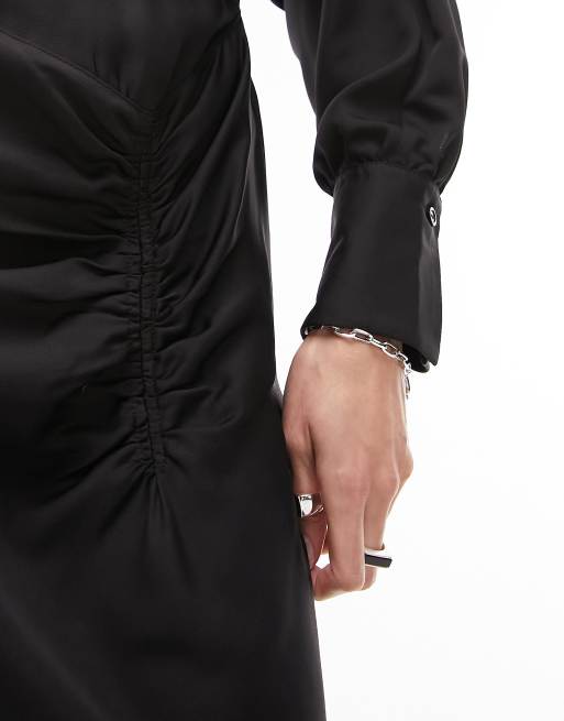 Topshop - Vestito midi a maniche lunghe arricciato nero con stampa, 2 di 4