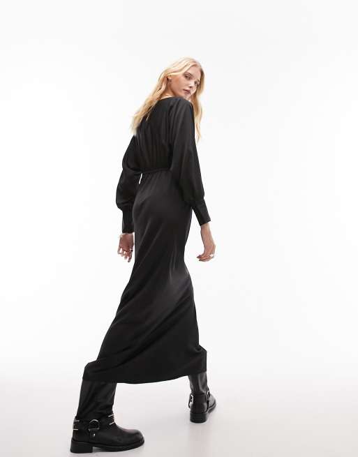 Topshop - Vestito midi a maniche lunghe arricciato nero con stampa, 3 di 4