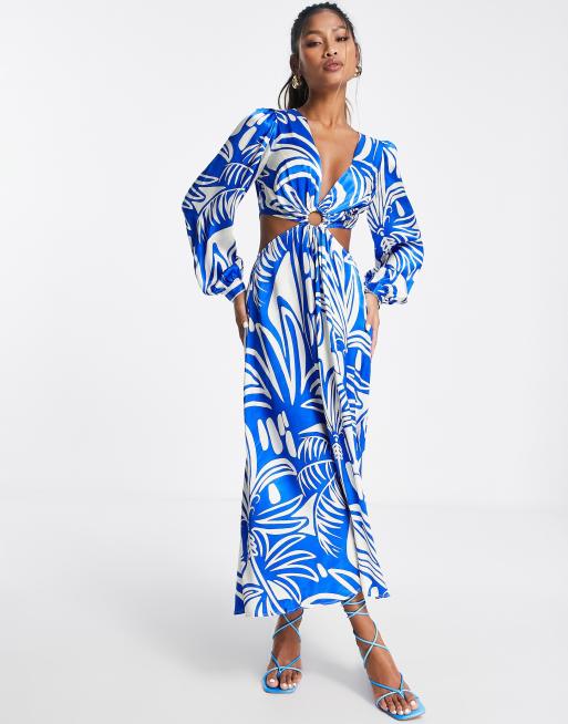 Topshop - Vestito midi a maniche lunghe con cut-out e anelli color cobalto con stampe tropicali 