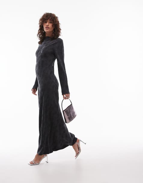 Topshop - Vestito midi a maniche lunghe con scollo a barchetta antracite jacquard in lyocell - view 1