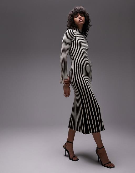 Topshop - Vestito midi a maniche lunghe monocromatico a righe lavorato a maglia
