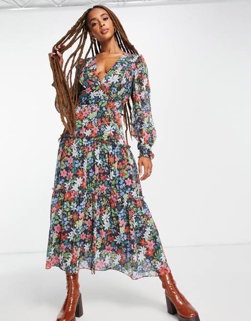 Topshop - Vestito midi a maniche lunghe multicolore a fiori con volant