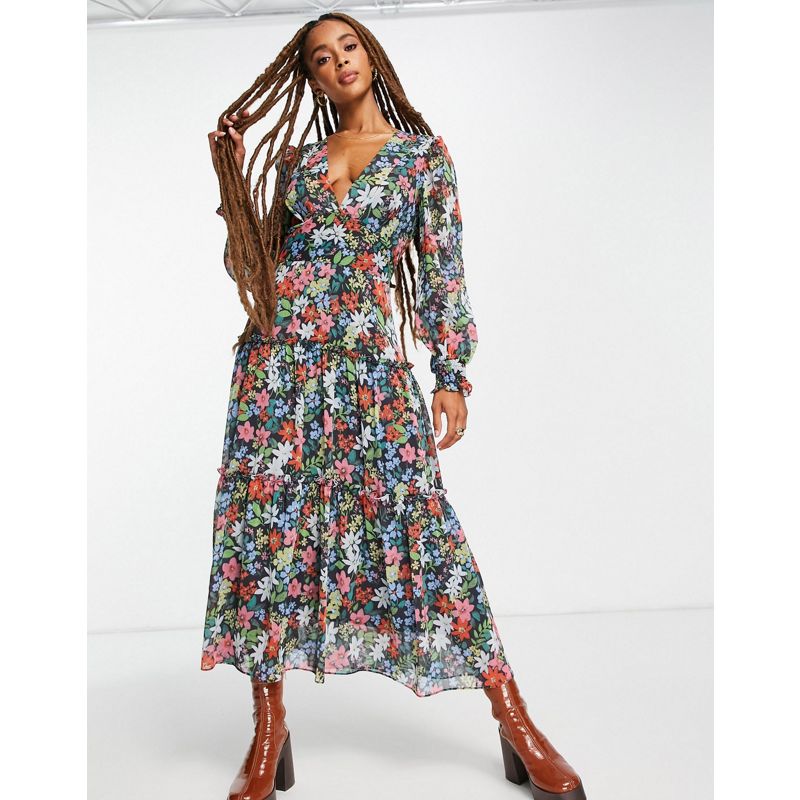 Donna Vestiti Topshop - Vestito midi a maniche lunghe multicolore a fiori con volant