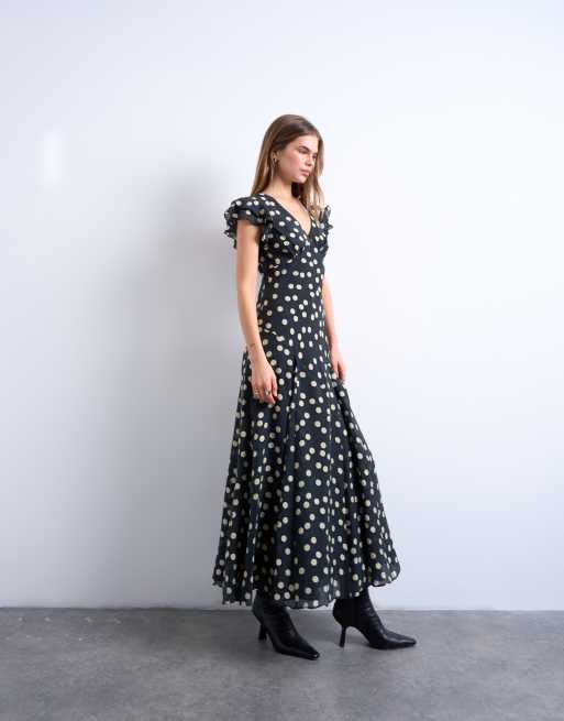Topshop - Vestito midi a pois monocromatico con manica con volant e scollo a V, 4 di 4