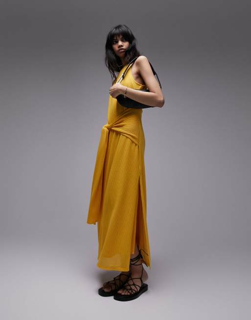 Topshop Vestito midi allacciato in vita color ocra in jersey a