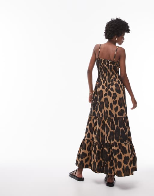 Topshop - Vestito midi arricciato in popeline con stampa leopardata, 3 di 4