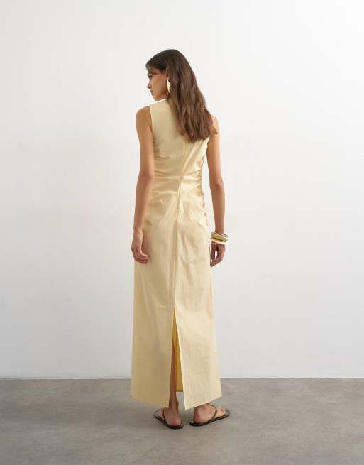 Topshop - Vestito midi arricciato senza maniche color latticello, 4 di 4