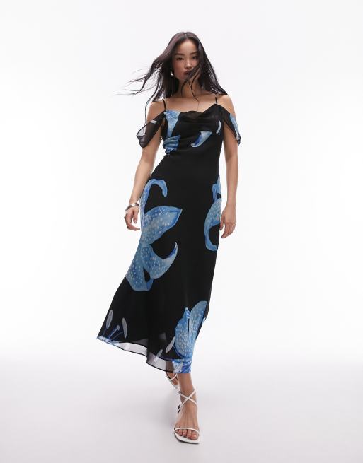 Topshop - Vestito midi blu a fiori con spalle scoperte e spalline sottili