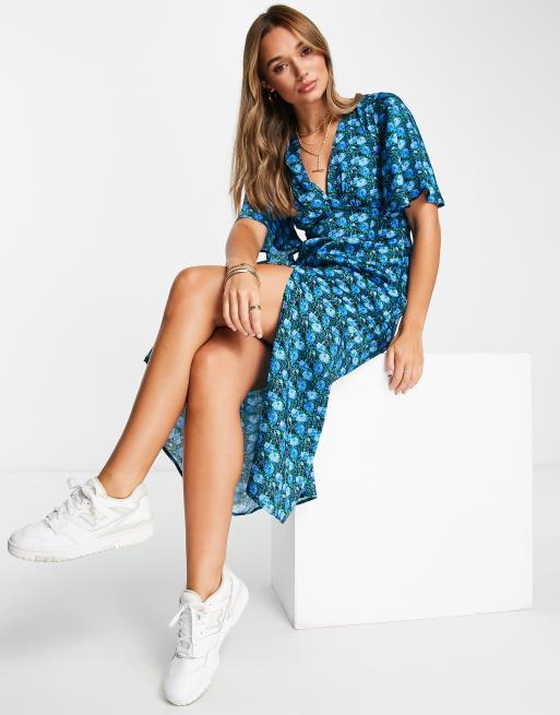Topshop - Vestito midi blu stampato con maniche a pipistrello, 4 di 4