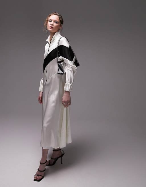 Topshop - Vestito midi color crema con pannello a contrasto e zip