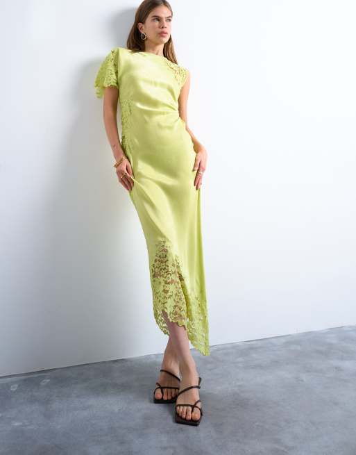 Topshop - Vestito midi color lime con inserto in pizzo e una spalla accentuata, 2 di 4