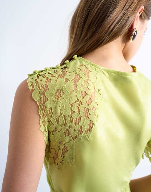 Topshop - Vestito midi color lime con inserto in pizzo e una spalla accentuata, 3 di 4