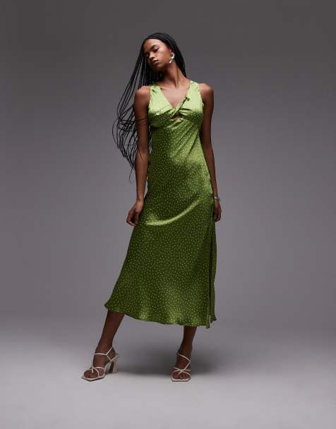 Topshop - Vestito midi color verde oliva a pois con intreccio sul davanti - view 1