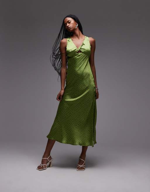 Topshop - Vestito midi color verde oliva a pois con intreccio sul davanti