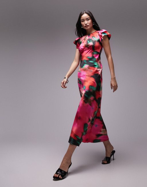 Topshop - Vestito midi con corpetto e impunture rosa a fiori sfumati