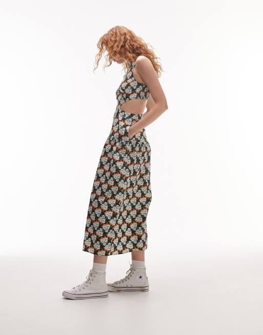 Topshop - Vestito midi con cut-out e margherite delineate multicolore