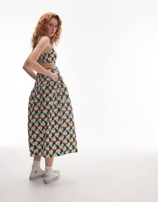 Topshop - Vestito midi con cut-out e margherite delineate multicolore, 3 di 4