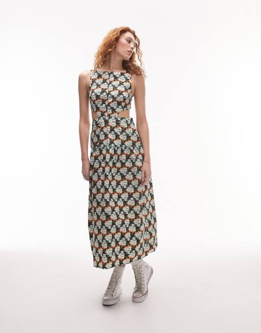 Topshop - Vestito midi con cut-out e margherite delineate multicolore, 4 di 4