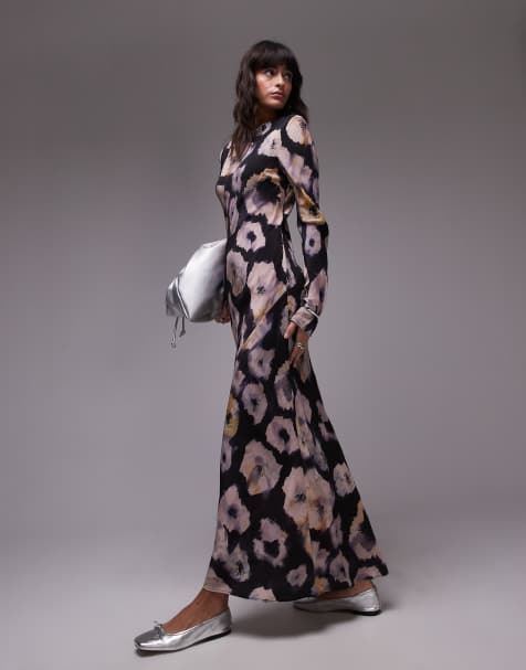Topshop - Vestito midi con scollo a barchetta grigio e lime a fiori - view 1