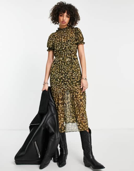 Topshop - Vestito midi con scollo arricciato verde animalier