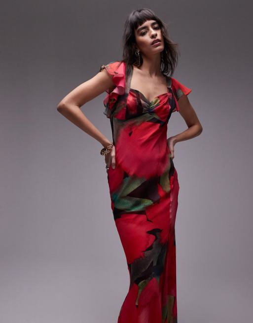 Topshop - Vestito midi da cerimonia con stampa rosa e maniche con volant