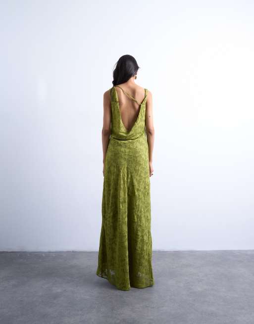 Topshop - Vestito midi da cerimonia verde dévoré con spalline incrociate, 4 di 4