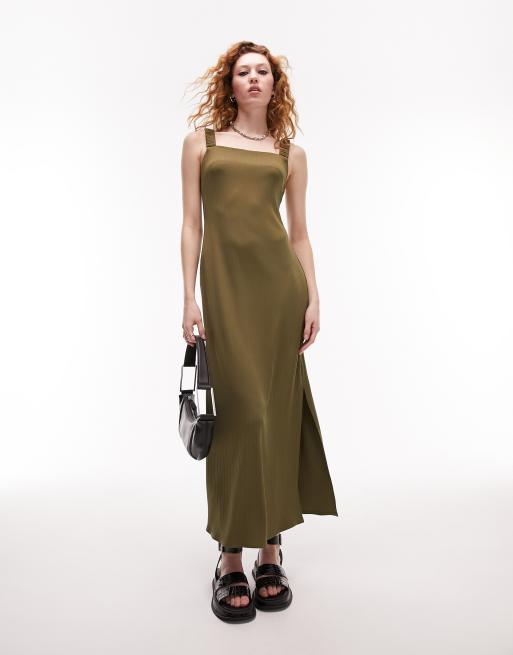 Topshop - Vestito midi in jersey kaki a coste 