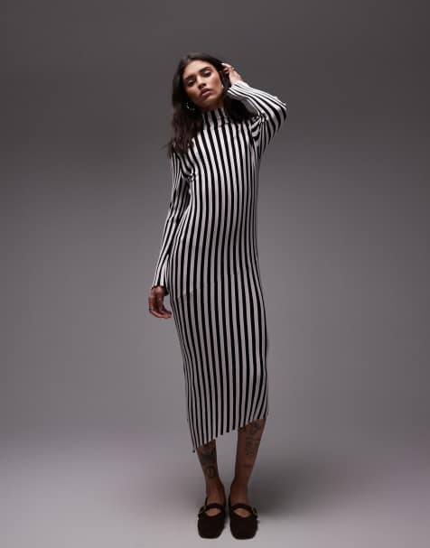 Topshop - Vestito midi in maglia a righe verticali a pieghe nero e bianco asimmetrico - view 1