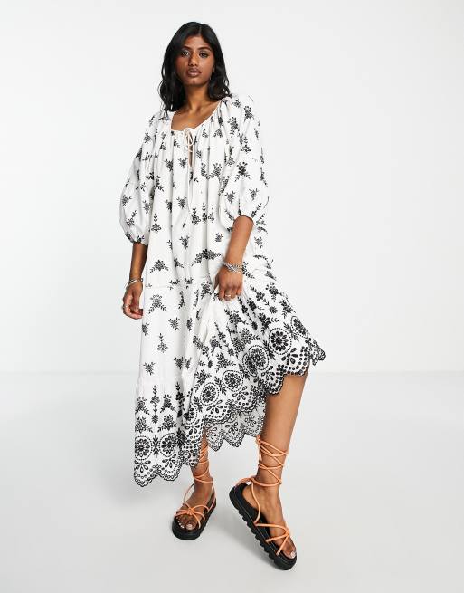 Topshop - Vestito midi in pizzo color avorio con cuciture nere a contrasto