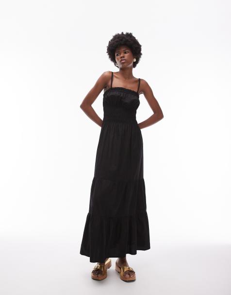 Topshop - Vestito midi in popeline arricciato nero - view 1