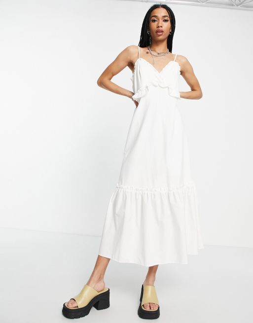 Topshop - Vestito midi in popeline di jersey color avorio con spalline sottili e volant 