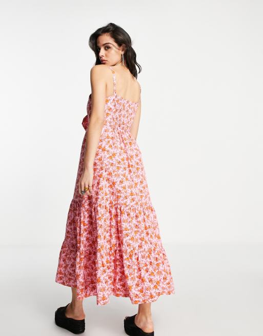 Topshop - Vestito midi in popeline di misto cotone rosa e rosso con fiocco - RED, 4 di 4