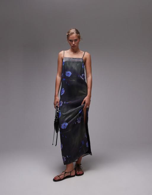 Topshop - Vestito midi in raso a fiori con scollo squadrato e spalline sottili 