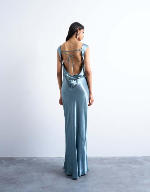 Topshop - Vestito midi in raso color ardesia aperto dietro