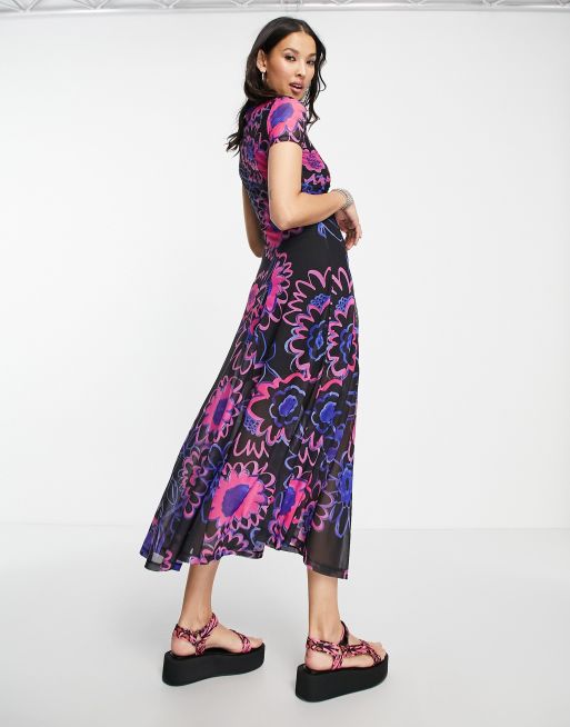 Topshop Vestito midi in rete a fiori stile graffiti multicolore