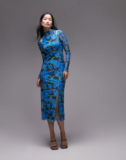 Topshop - Vestito midi in rete blu a fiori