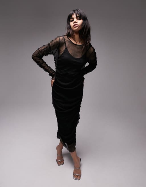 Topshop - Vestito midi in rete stropicciata nera con arricciature