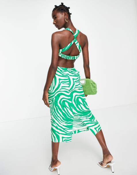 Topshop - Vestito midi incrociato sul davanti in popeline verde con stampa animalier - view 1