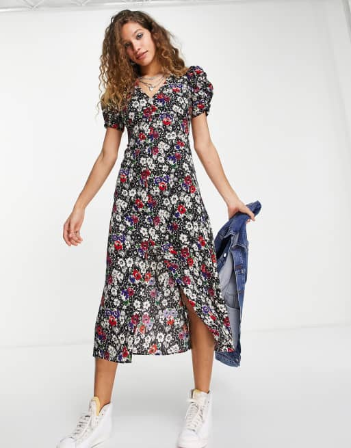 Topshop - Vestito midi multicolore a fiori con maniche arricciate