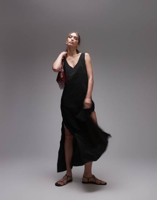 Topshop - Vestito midi nero con scollo rotondo e bordi grezzi