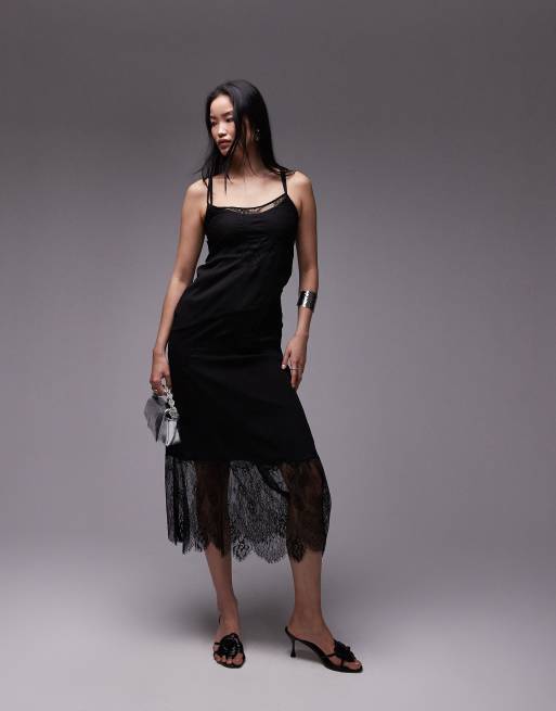 Topshop - Vestito midi nero premium con scollo rotondo, fodera rimovibile e inserti in pizzo
