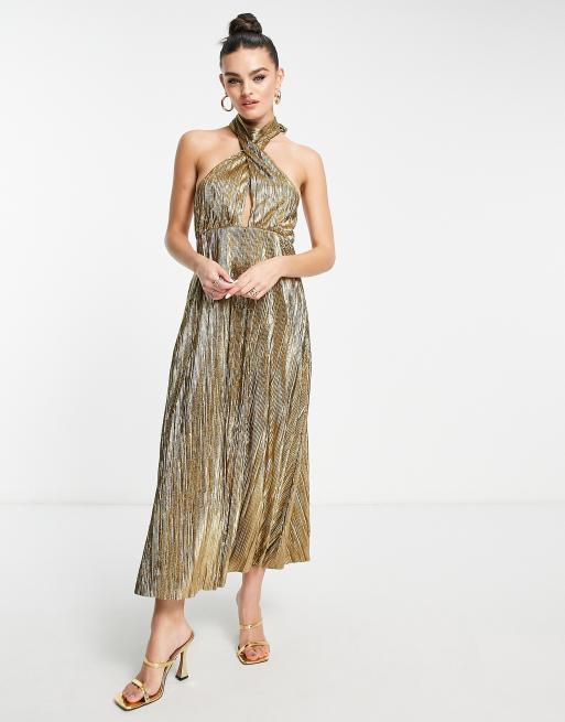 Topshop - Vestito midi plissé allacciato al collo con cut-out color oro