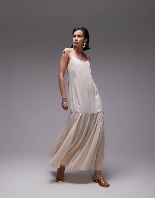 Topshop - Vestito midi premium a canottiera in tessuto misto raso color latticello